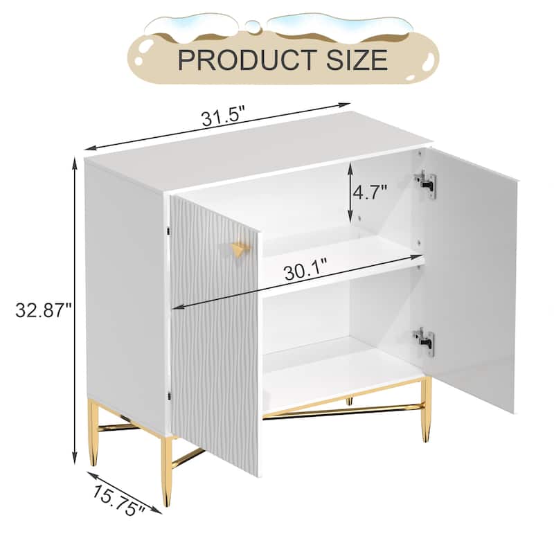 Gloss Door Cabinet-Gold Spindle Legs And Triangular Handles 2 Door White Locker Accent Cabinet