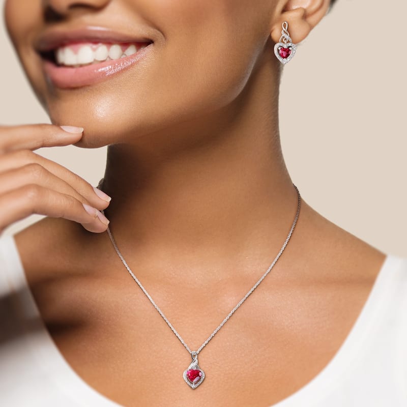 Miadora 4ct TGW Heart-Cut Created Ruby 1/5ct TDW Diamond Necklace Earrings Set Sterling Silver