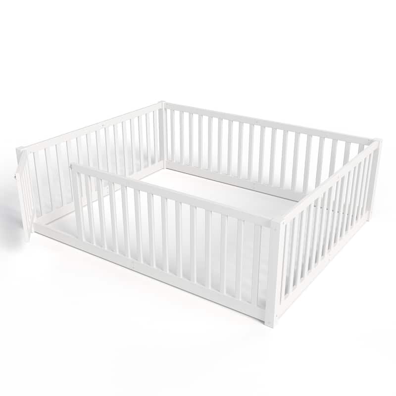 Montessori Floor Bed with Safety Guardrails & Door, Kids Low Profile Frame, Available in Queen/Full/Twin