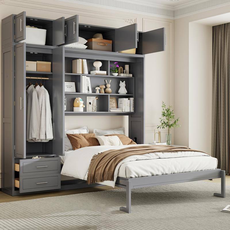 Queen Size Wall Murphy Bed with Top Cabinet,Shelves and Wardrobe, Space Saving Foldable Bed