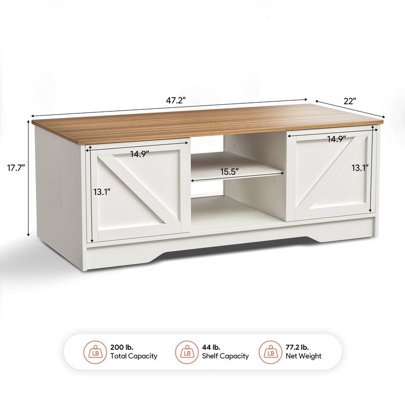 47" Rustic Farmhouse Coffee Table with Storage & Sliding Doors