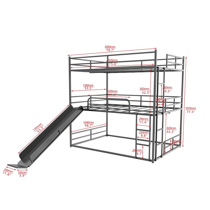 Metal Full Size Loft Bed with Slide and Ladder, Black