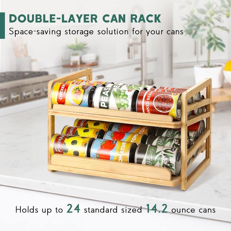 Bamboo Can Organizer Rack, Stackable Double-Layer Can Organizers and Storage For Pantry, Canned Goods Holder Dispenser