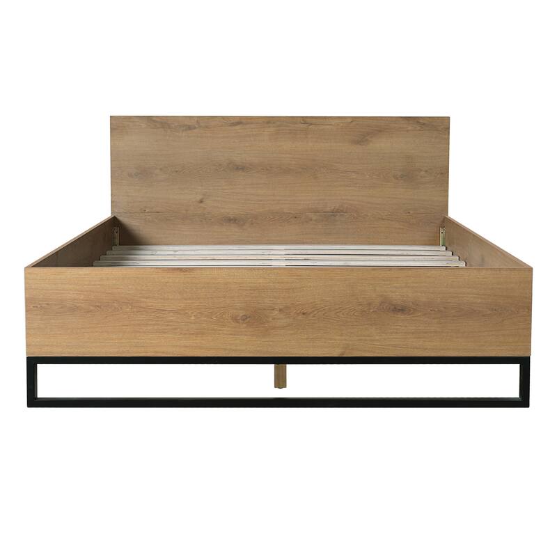 Solid Wood Rustic Platform Bed with Headboard, Wooden and Metal Bed Frame, Wood Slats Support, No Box Spring Needed