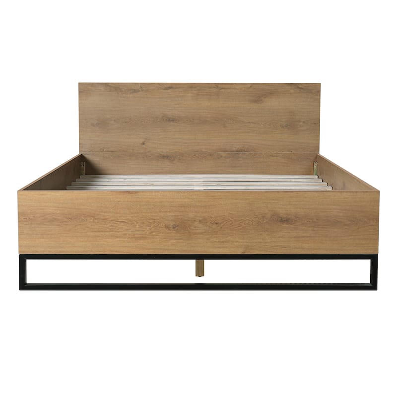 Wood Panel Bed with Metal Forefoot and Center Wood Legs Supports and Wood Slat Frame, Natural Black Platform Bed - Minimalism