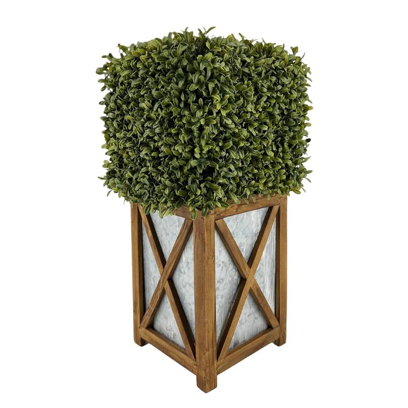 Faux Boxwood Square Topiary in Crisscross Stout Wood/ Metal - Brown