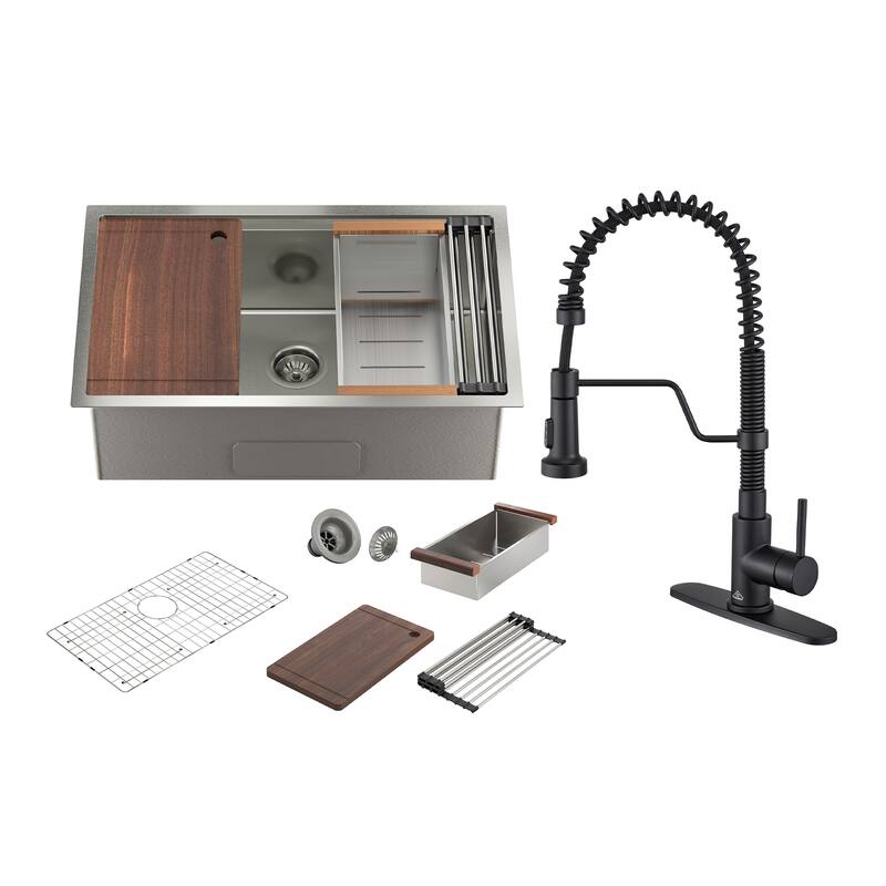 All-in-One Kit Undermount Single Bowl 16 Gauge Nano Brushed Stainless Steel Workstation Kitchen Sink with Faucet and Accessories - 30 x 19 x 10 - Sink + Matte Black Pull Down Kitchen Faucet