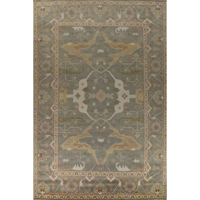 All-Over Gray Green Oushak Indian Large Rug Hand-Knotted Wool Carpet - 11'8" x 17'5"