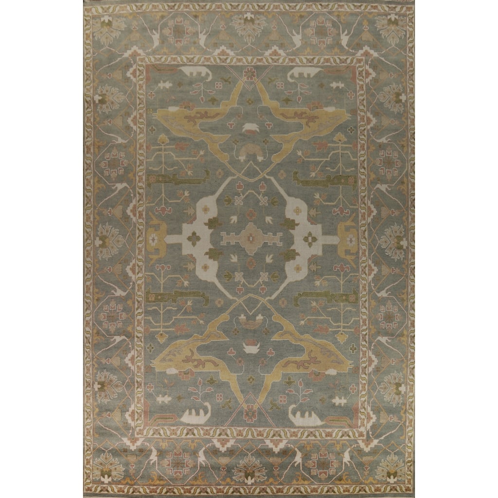All-Over Gray Green Oushak Indian Large Rug Hand-Knotted Wool Carpet - 11'8" x 17'5"