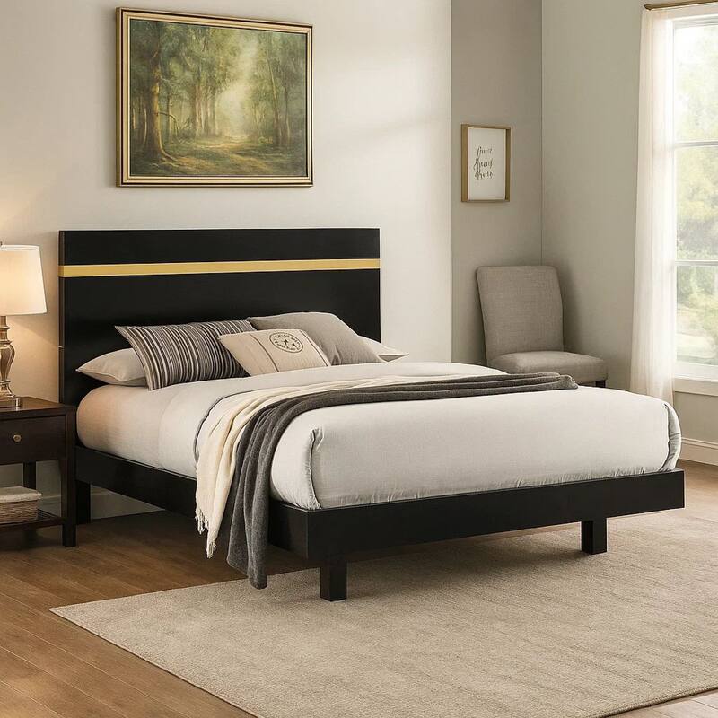 Yoki Queen Size Bed w Underbed LED, Acrylic Gold Trim, Black Frame