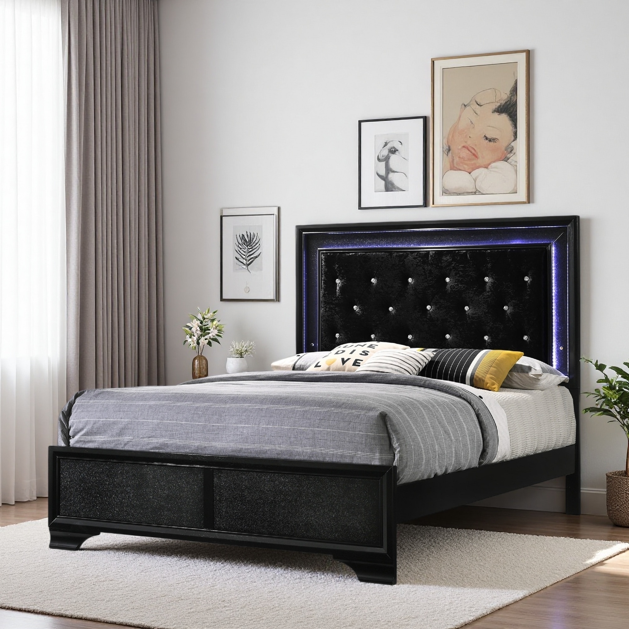 Queen Size Solid Wood Panel Bed with Diamond Tufted Headboard and LED