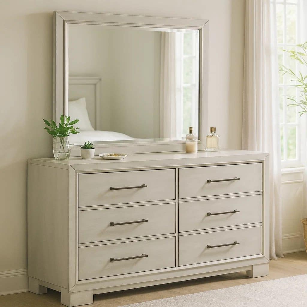 Simone Wide Dresser, 6 Drawer and Block Feet, Antique White Wood