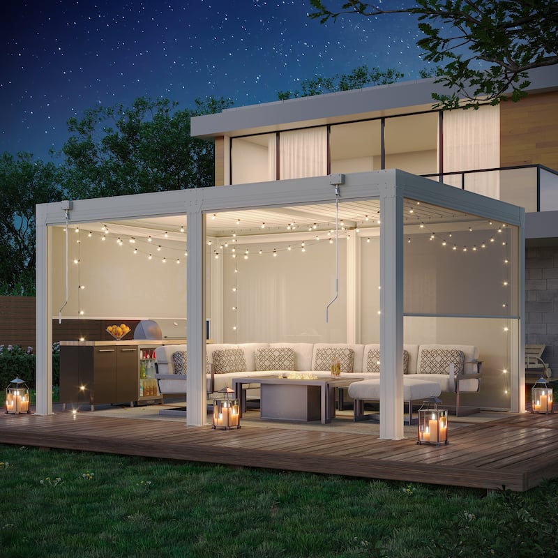 EROMMY Outdoor Louvered Pergola Gazebo with Adjustable Aluminum Rainproof Roof and Pull-Down Screen - 12' x 16' - White