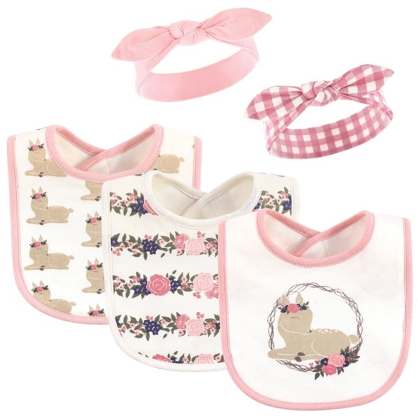 slide 1 of 1, Hudson Baby Infant Girl Cotton Bib and Headband Set 5pk, Fawn, One Size - Fawn - One Size One Size - Fawn