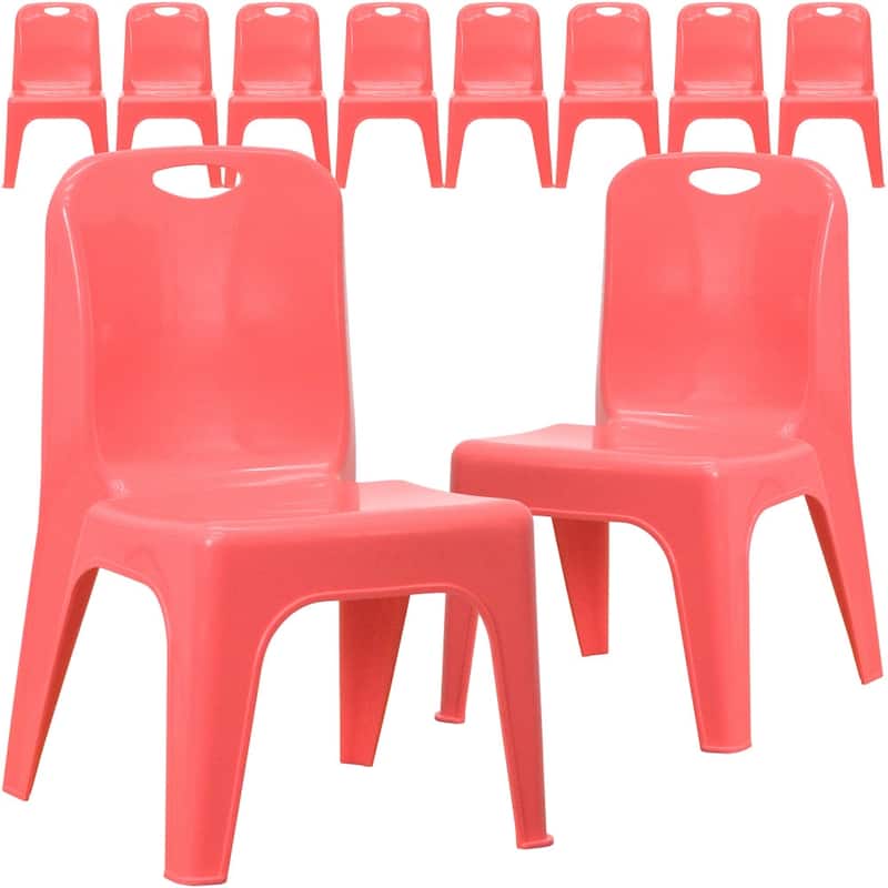 10 Pack Plastic Stackable School Chair with Carrying Handle and 11'' Seat Height - 13.75"D x 12"W x 21.5"H - Red