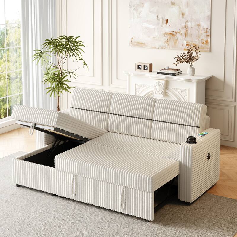 Pull-Out Sofa Bed with Storage Chaise, USB Port, and Cup Holders - 3-Seater Sleeper Couch