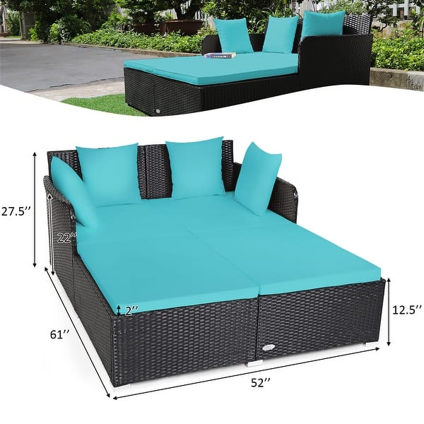 dimension image slide 1 of 6, Costway Outdoor Patio Rattan Daybed Pillows Cushioned Sofa Furniture - See details