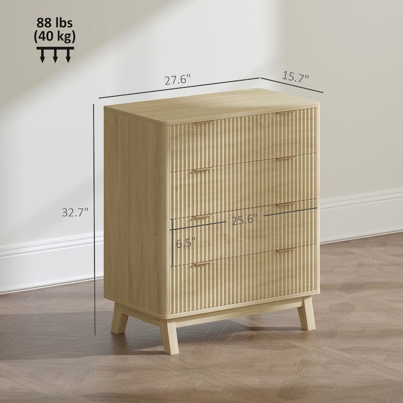 HOMCOM Fluted Dresser for Bedroom with 4 Drawers, 28" Wide Chest of Drawers with Gold Finger Pulls and 4 Wood Legs, Natural Wood