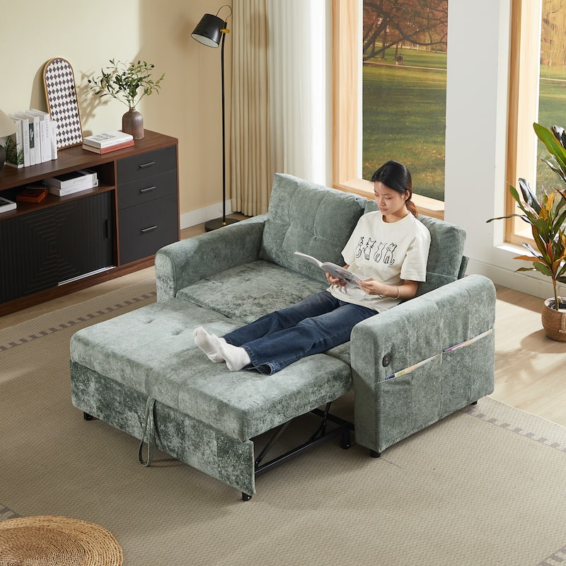 Anmytek Convertible Loveseat Sofa Bed with USB Ports and Adjustable Backrest Tufted Sleeper in Green - Antique Green