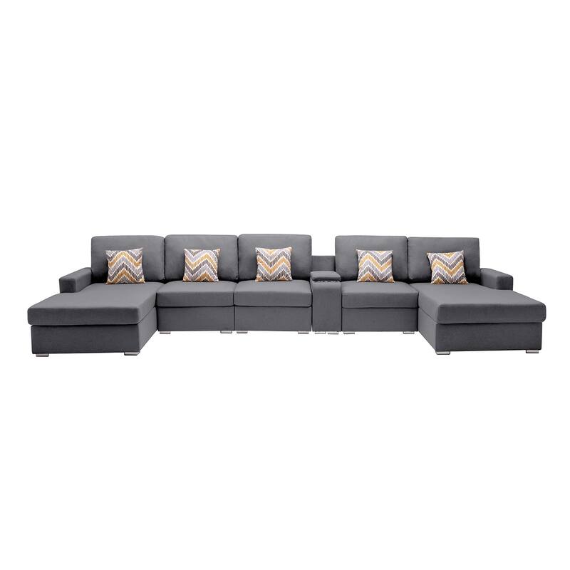 Linen Fabric 6 Piece Double Chaise Sectional Sofa with Storage Console Table and 5 Pillows - Gray