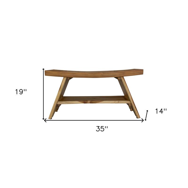 HomeRoots 35" Teak Rectangular Shower Outdoor Bench With Shelf In Natural Finish