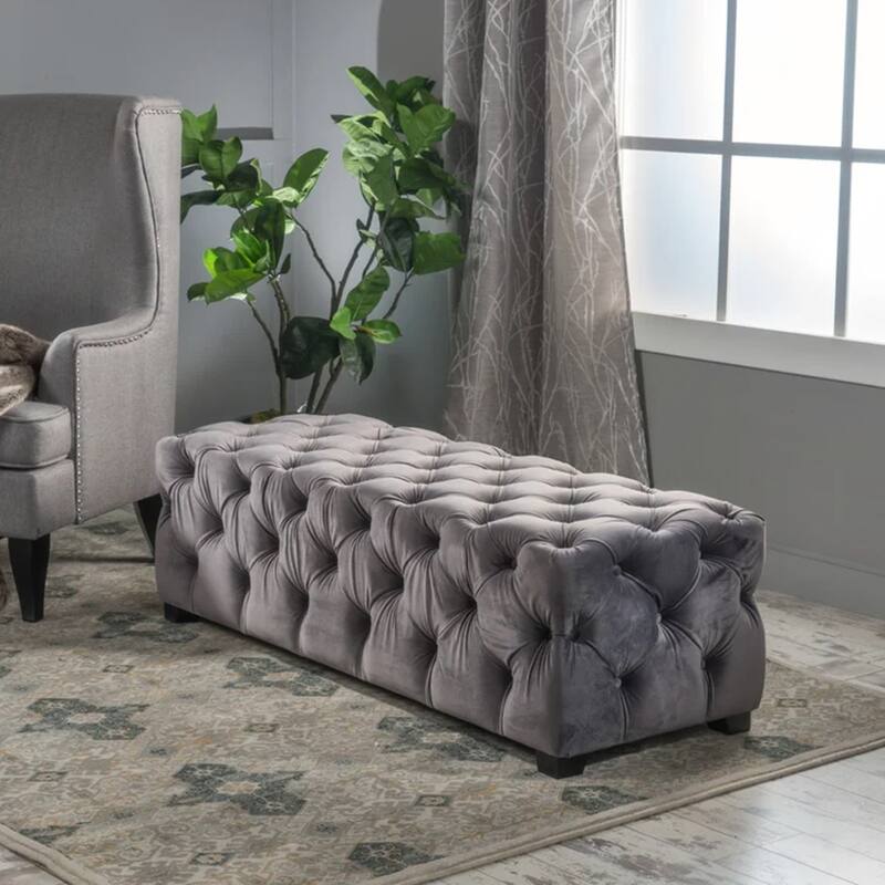 Luxurious Velvet Upholstered Ottoman Bench with Button-Tufted Diamond Stitching for Modern Glam Decor and Versatile Use