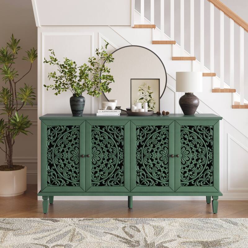 Buffet Cabinet with Floral Carvings with Solid Wood Legs&Antique Brass Handles&Adjustable Shelves,