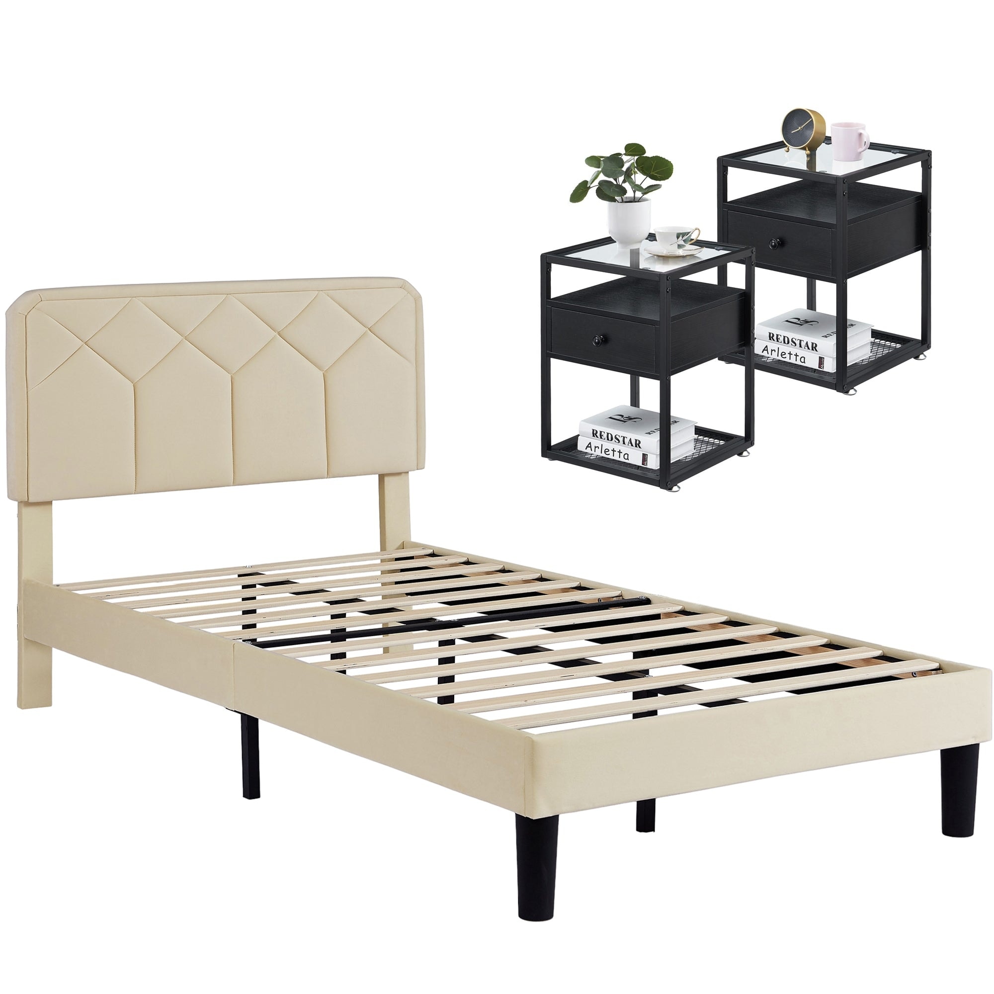 VECELO, 3-Pieces Upholstered Platform Bed Frame with Height Adjustable Headboard and Nightstands Set of 2