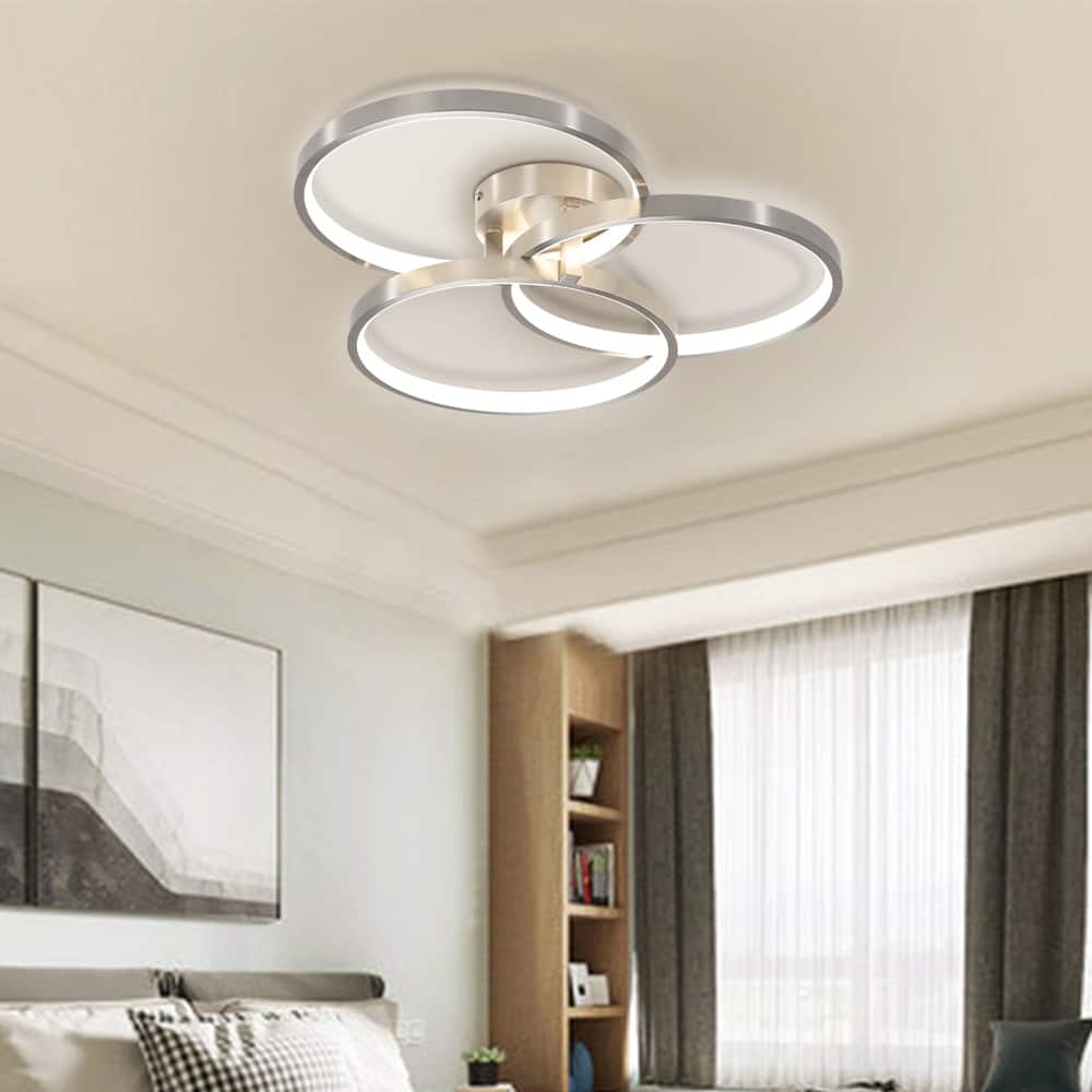 20" Modern LED Ceiling Light Fixture - Circular 3-Ring Design, Dimmable, Contemporary Brushed Nickel Finish for Living Room
