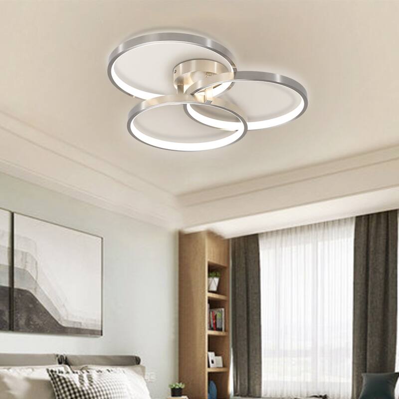 20" Modern LED Ceiling Light Fixture - Circular 3-Ring Design, Dimmable, Contemporary Brushed Nickel Finish for Living Room - Nickel