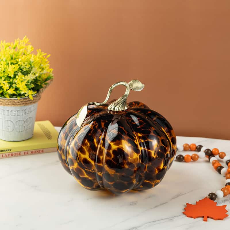 Glitzhome Gold Handle Amber Dots Glass Pumpkin for Fall Halloween Thanksgiving Decorating - 9.5"D