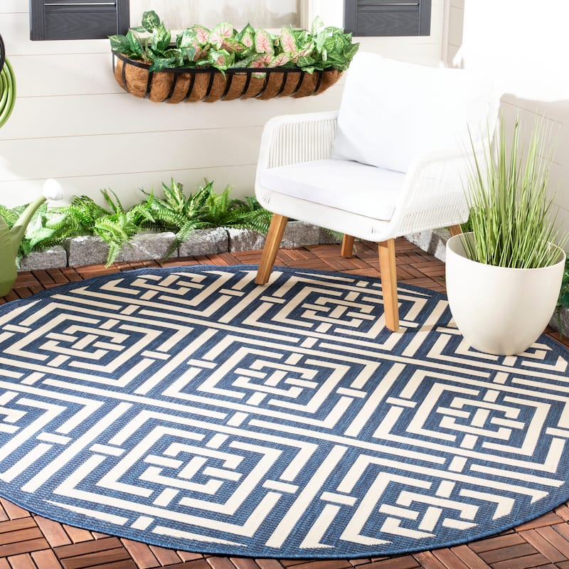 SAFAVIEH Courtyard Ginger Indoor/ Outdoor Waterproof Patio Backyard Rug - 6'7" Round - Navy/Beige
