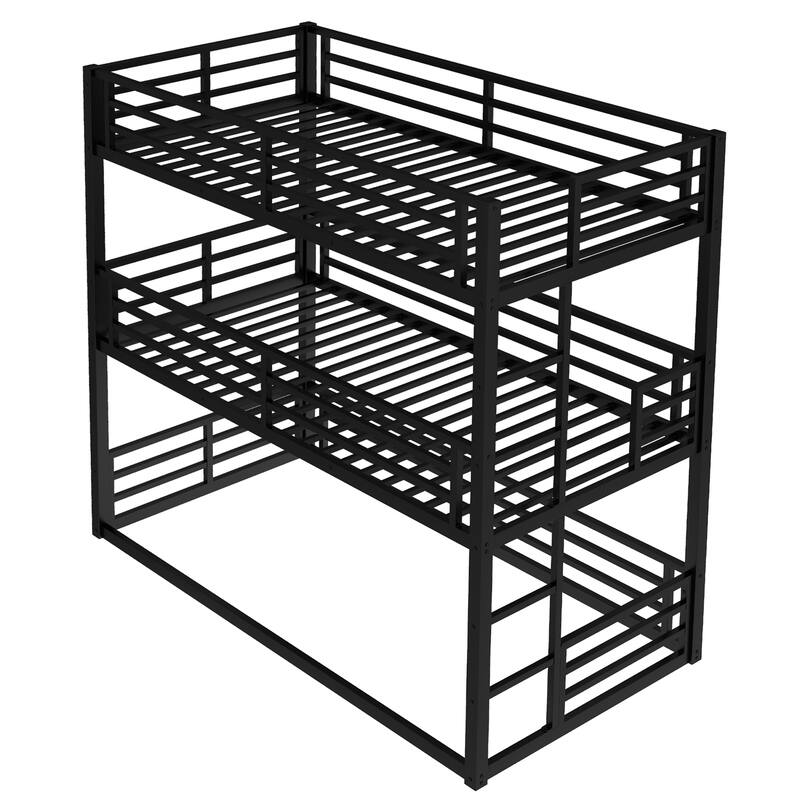 Heavy Duty Metal Bunk Bed Frame, Triple Floor Bunk Bed, Metal Triple Bunk Bed Frame with Safety Guardrails