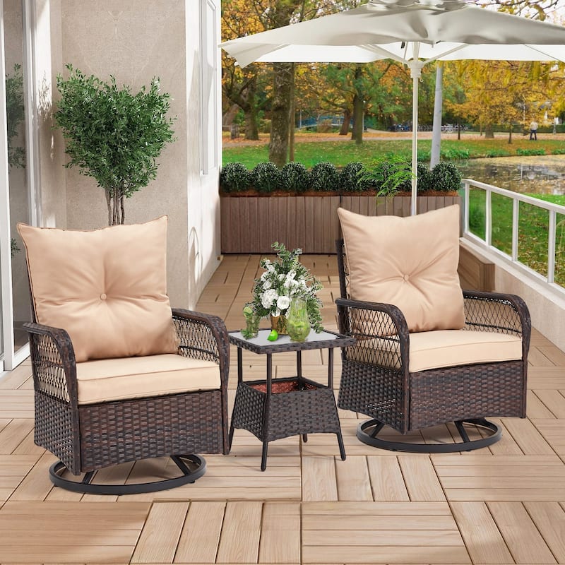 3-Piece Outdoor Rocking/Swivel Chair Set - PE Rattan Patio Furniture with Cushions & Coffee Table, Rocker Chairs for Backyard