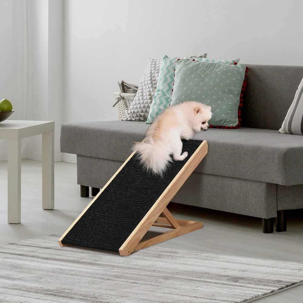 PawHut Pet Ramp Bed Steps for Dogs Cats Foldable Height Adjustable with Non-slip Carpet Pine Wood 35.5"L x 16"W x 24"H Black