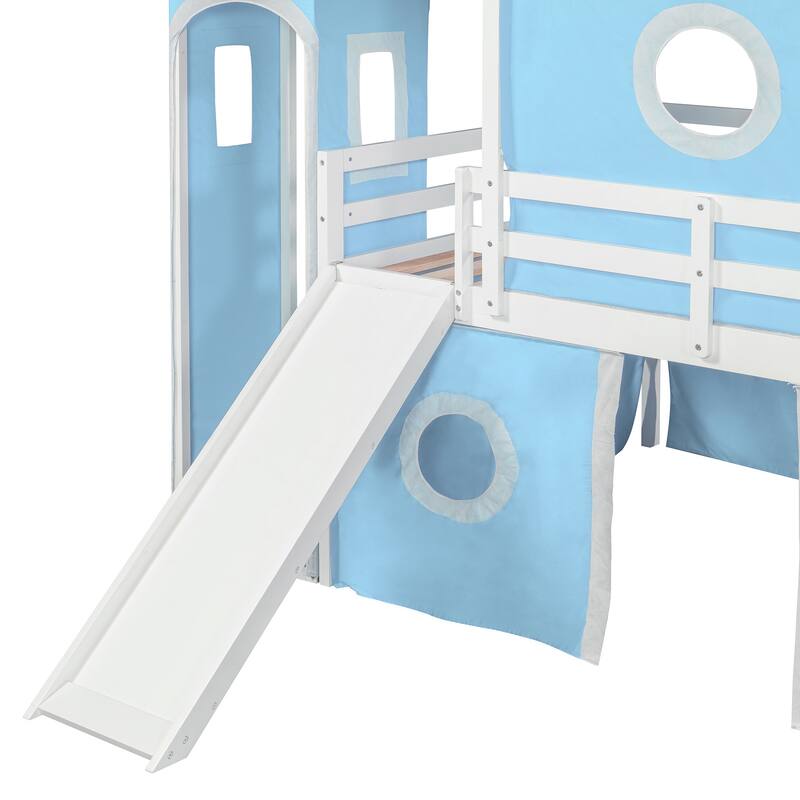 Full Size Loft Bed with Slide, Pink Tent, and Tower in Blue - Durable Pinewood Construction