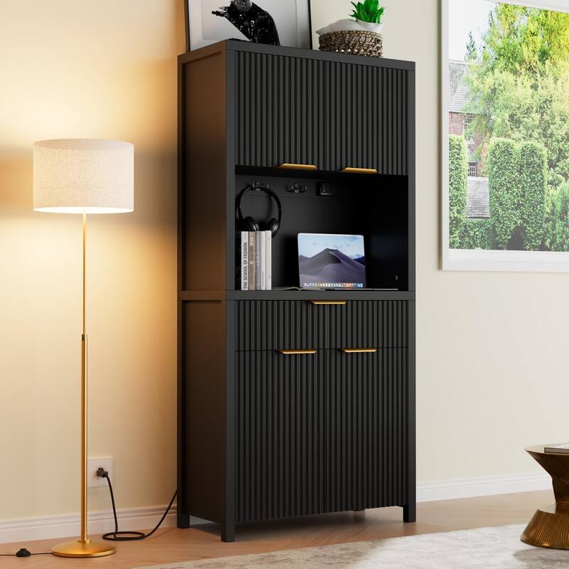 71"Pantry Storage Cabinet with Drawer, Charging Station and Open Countertop for Dining Living Room