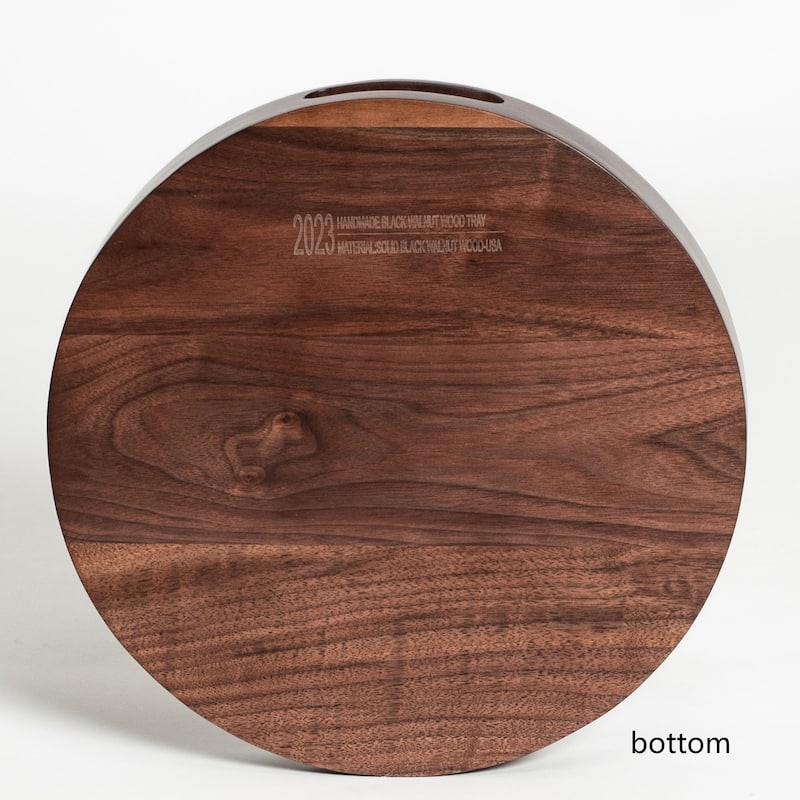 KINWELL Round Black Walnut Wood Serving Tray Ottoman Tray with Handles