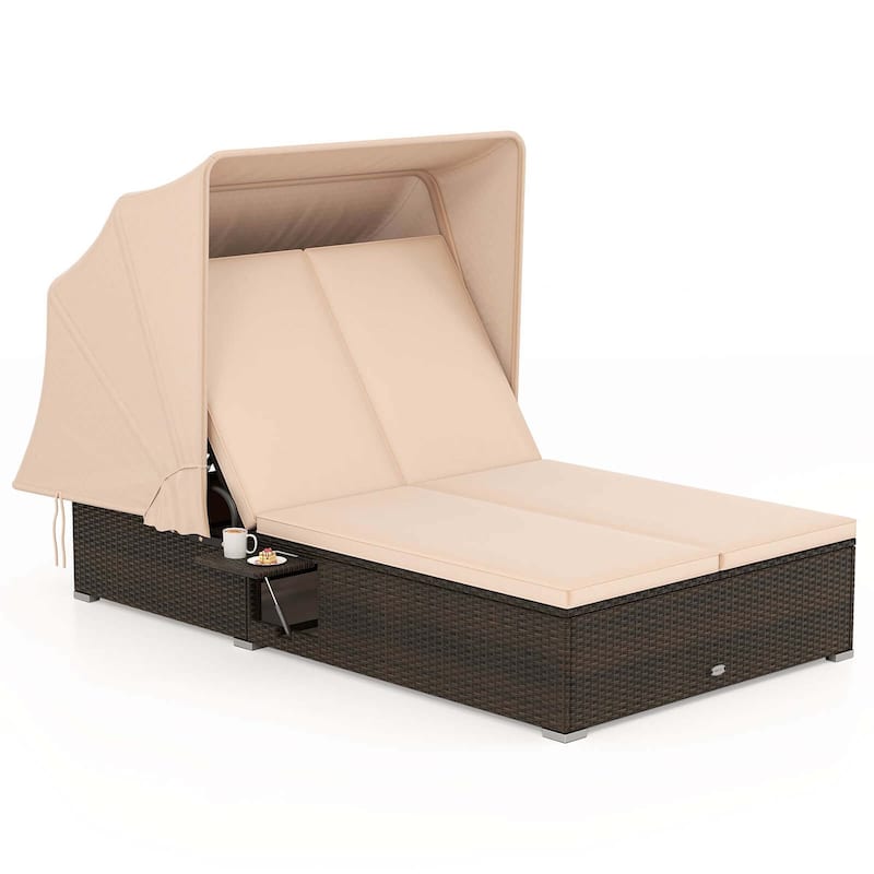 Rattan Daybed w/Retractable Canopy Patio Double Sunbed Conversation - Brown＆Beige
