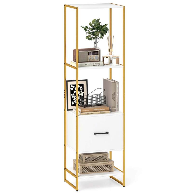 4-Tier Bookshelf w/ Drawer 62.5" Tall Narrow Bookcase w/ Metal Frame - White + Gold - 1 pcs