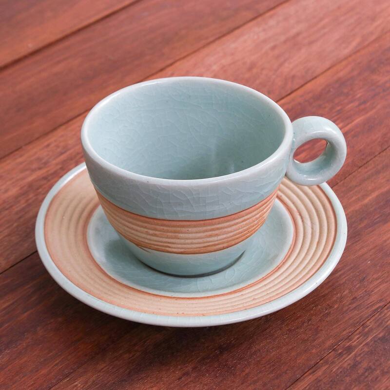 Celadon ceramic cup and saucer, 'Aqua Oasis'