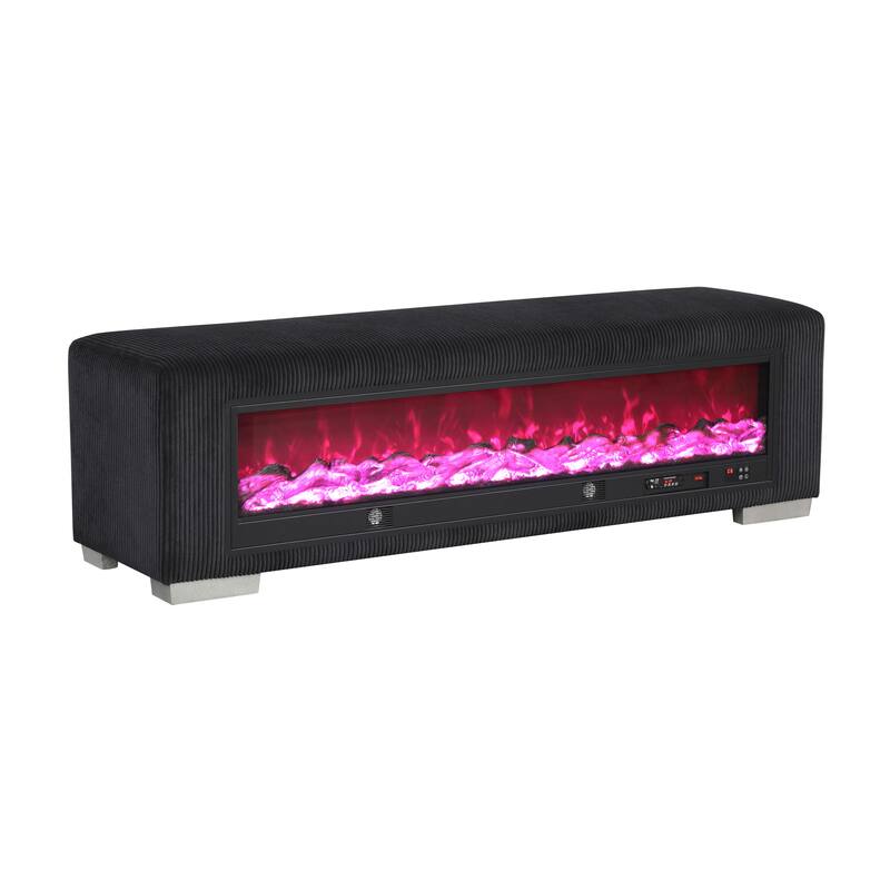 Furniture of America Goffney Chenille Bench with Fireplace Simulator and Bluetooth Audio