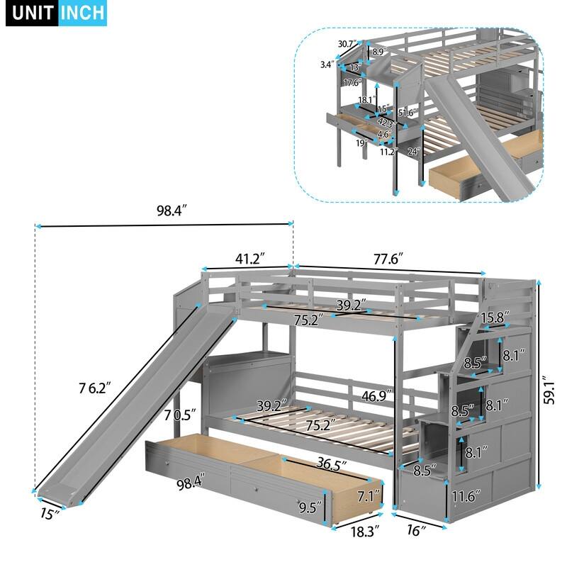 Twin over Twin Bunk Bed with Storage Staircase, Slide and Drawers, Desk with Drawers and Shelves