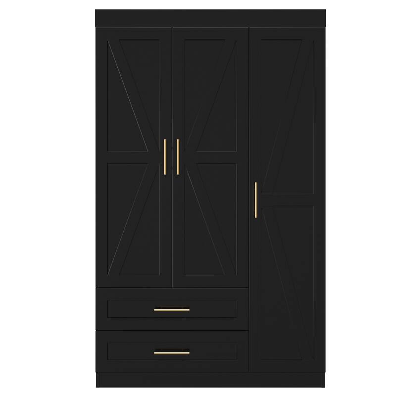 Classic Three-Door Wardrobe,Wood Bedroom Armoire with Hanging Rod and Shelves,Spacious Storage Closet,Modern Farmhouse Design