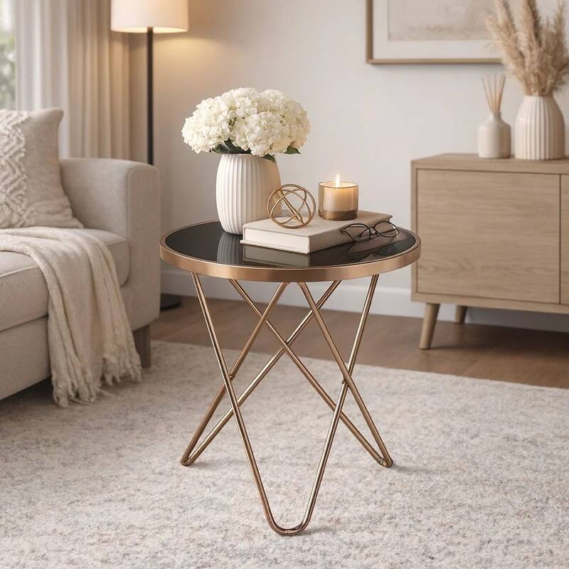 Valora End Table, Black Glass & Champagne