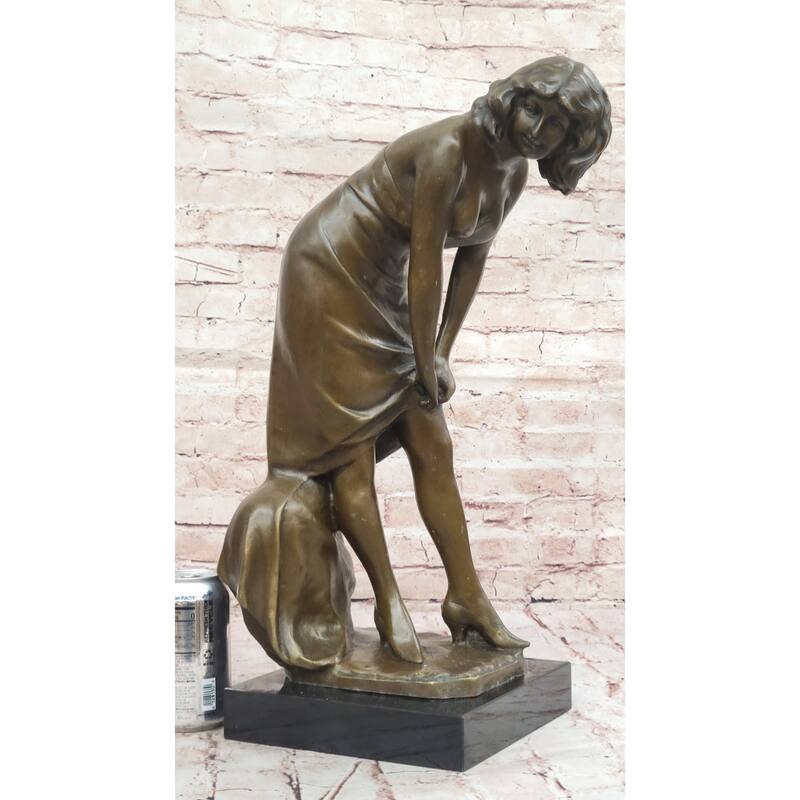 Elegant Bronze Sculpture Of Woman Adjusting Dress – Graceful Figurine On Marble Base