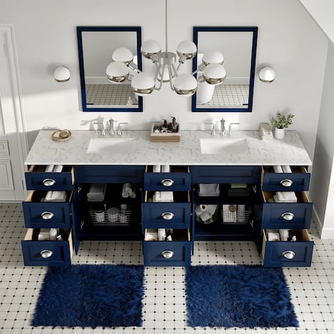 Epic 96 in. Blue DS Bath Vanity with Carrara Quartz Top & Undermount Sinks