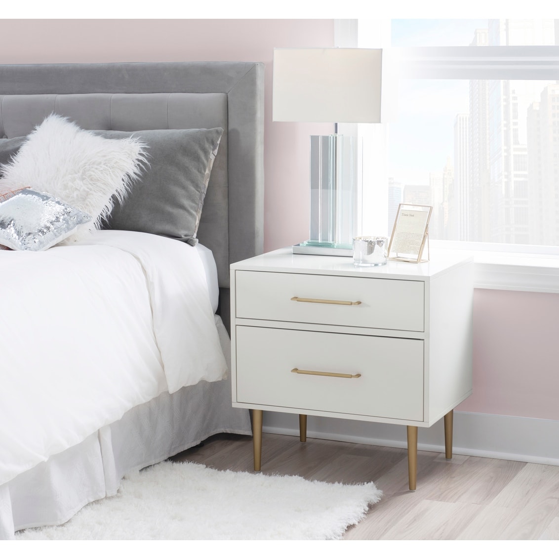 Linon Sylvia White and Gold 2-drawer Nightstand Side Table
