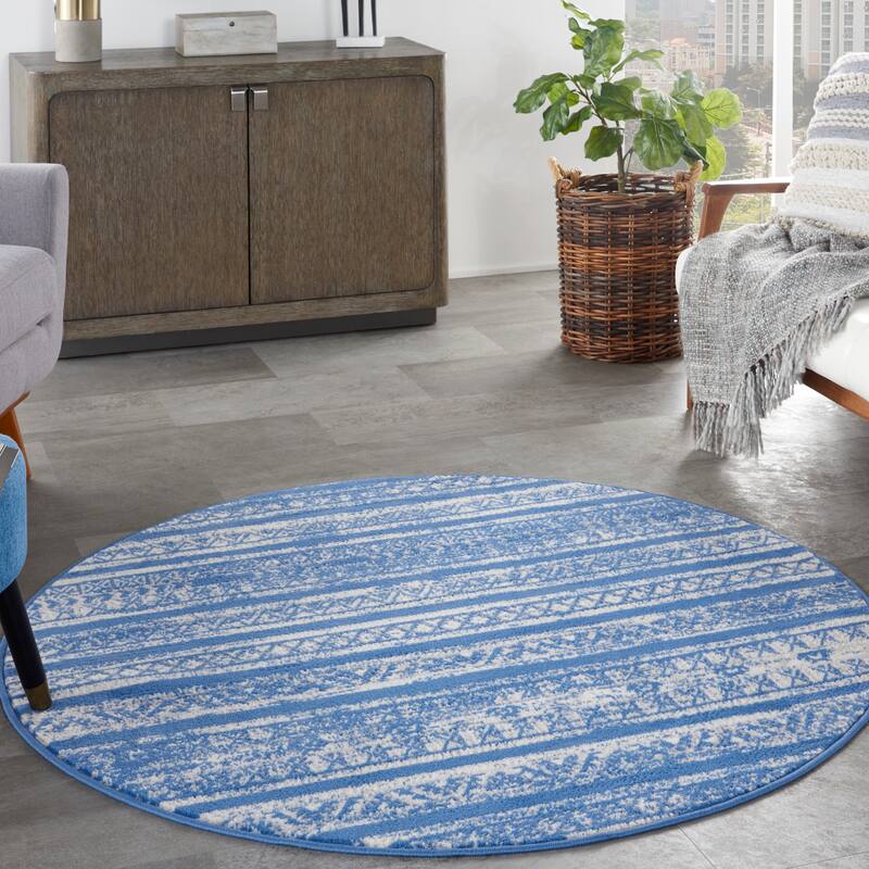 Nourison Whimsicle Vintage Boho Geometric Area Rug - 5' Round - Light Blue Ivory - Runner/Round