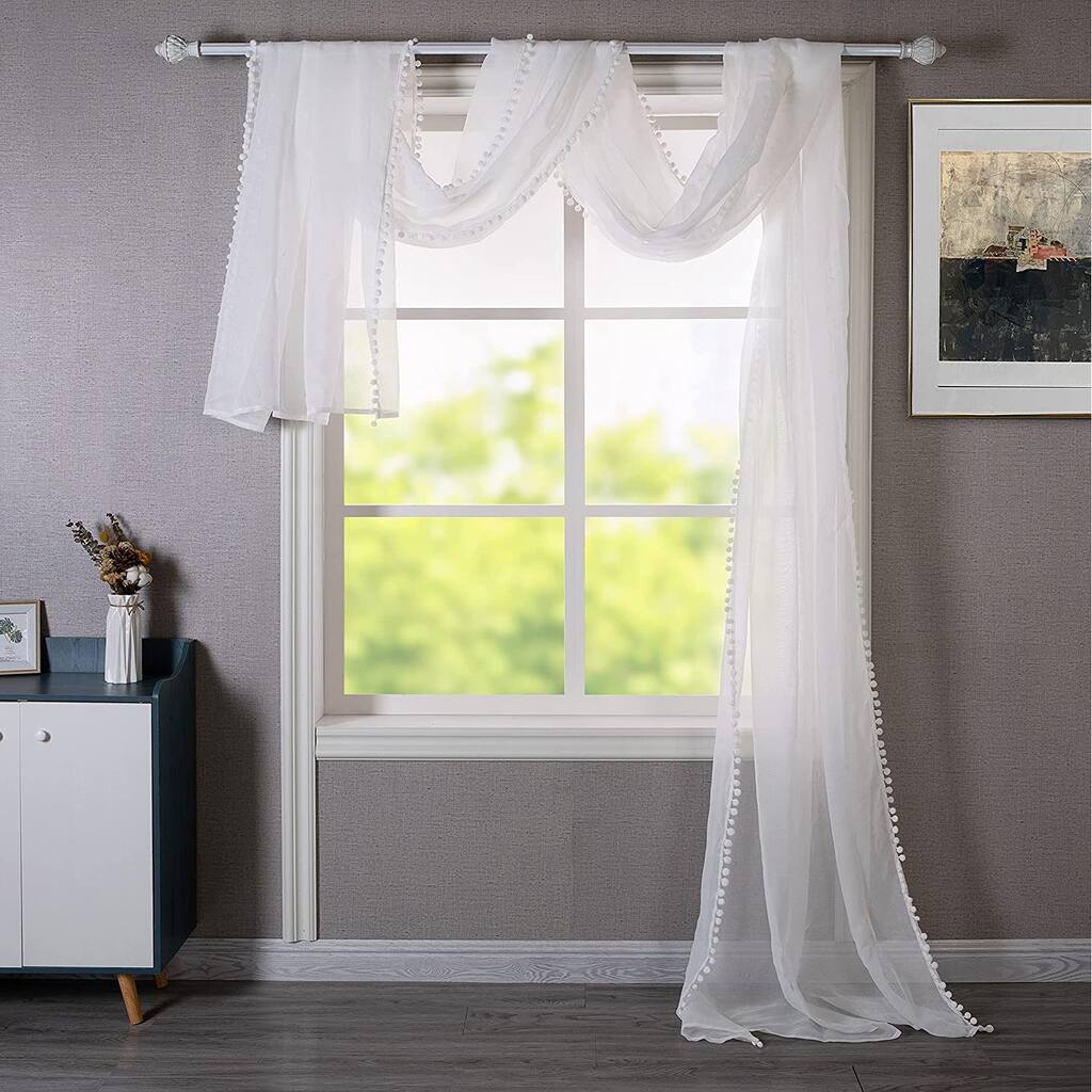 DriftAway Solid White Sheer Window Scarf Valance Long Luxury Sheer Fabric Topper Pom Pom Trimmed